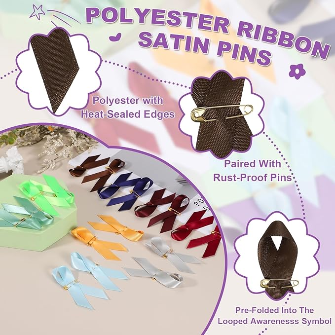 PATIKIL 50 Pcs Polyester Ribbon Satin Pins, Satin Ribbon with Safety Pins for Charity Public Social Event Party Clothing Decoration Anniversary, Brown