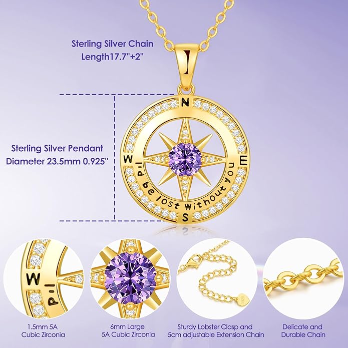 Zifeel Compass Necklace Gifts for Women wife - S925 Sterling Silver Birthstone Necklaces for Women - Anniversary Birthday Gifts for Her Wife Girlfriend - Valentines Mom Mothers Day Christmas Gifts Jewelry for Women