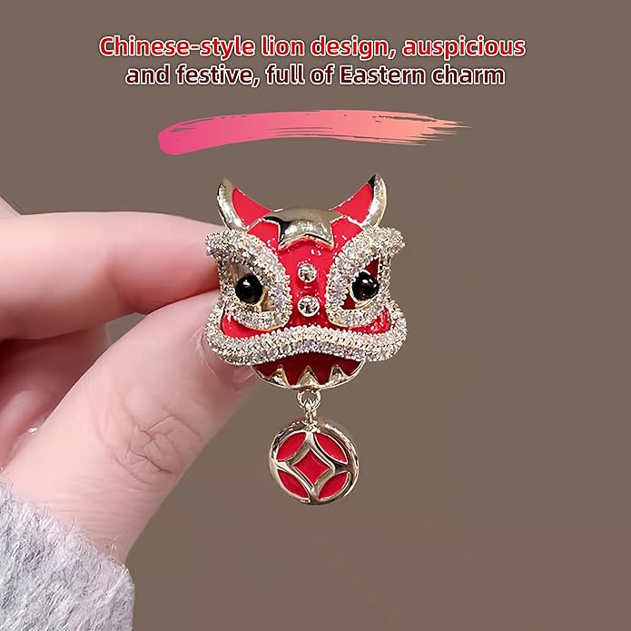 Chinese Lion Dance Brooch, Vintage Enamel Floral & Cat Eye Pearl Adjustable Lapel Pin for Women & Men – Traditional Asian Style Awakening Lion Brooch for Jacket, Blazer, Scarf, Qipao, Wedding, Festival Gift (Gold/Red/Blue)