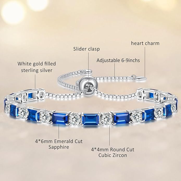 Birthstone Tennis Bracelets for Women White Gold Sterling Silver Gemstone Bracelets Adjustable Chain 6-9 Inchs Jewelry Anniversary Birthday Gifts for Women Mom Wife Her