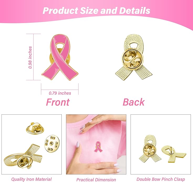 Breast Cancer Awareness Accessories, Breast Cancer Awareness Pins, Breast Cancer Pink Ribbon Metal Lapel Pins Official Hope Ribbon Enamel Brooch Bulk for Survivor Charity Event Marathon Supply