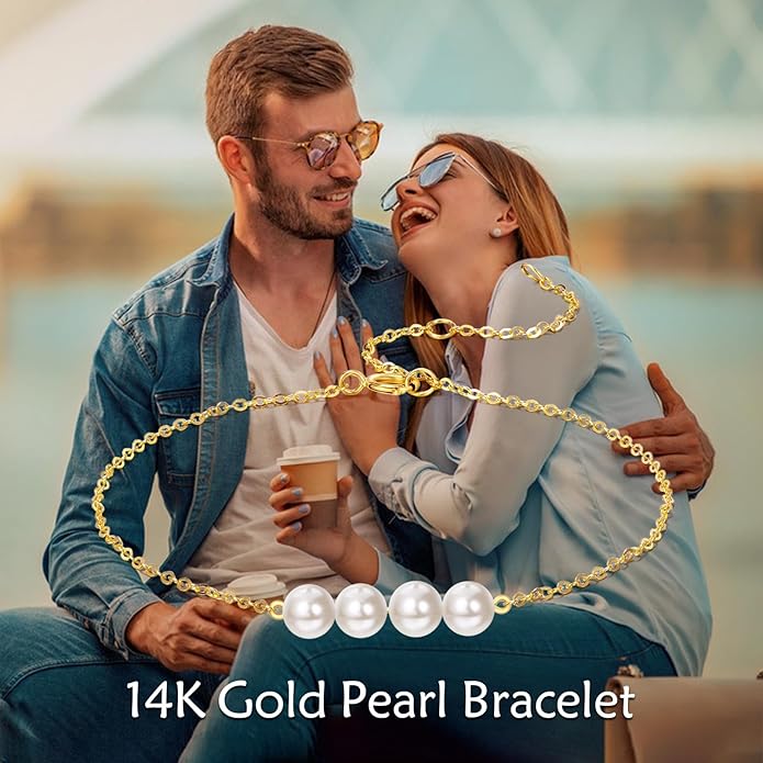 KECHO 14K Real Gold Freshwater Cultured Pearl Bracelet 14K Solid Gold Jewelry Anniversary Birthday Gift for Women