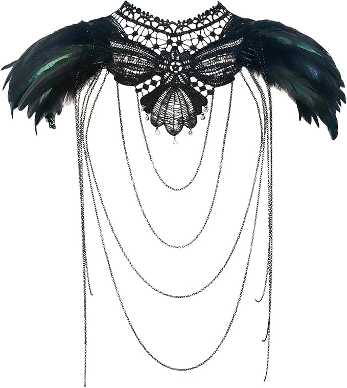 L'VOW Real Black Feather Harness Lace Collar Necklace Bib Halloween