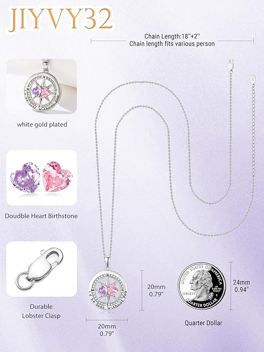 Compass Birthstones Necklace for Women, Exquisite Anniversary Birthday Gifts for Wife Her Double Birthstone Pendant jewelry ‘I'd be Lost Without You’