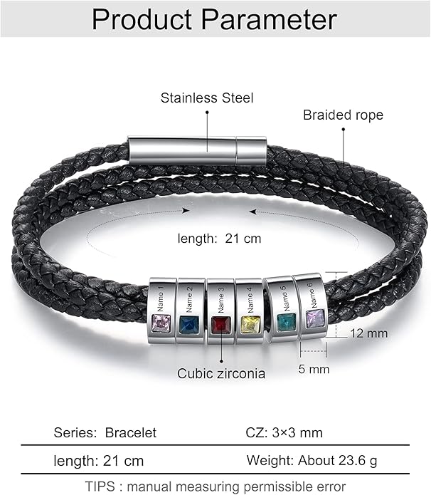 kaululu Custom Leather Bracelet for Men with 1/2/3/4/5/6/7/8 Birthstones Engraved Stainless Steel Beads Personalized Names Bracelet for Father's Day Christmas Thanksgiving Gift for Men