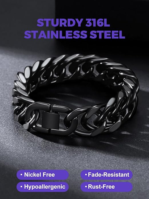 Richsteel Cuban Link Chain Bracelets 8/12/17mm Width Stainless Steel Chain Wrist Bracelets for Men, 7.4/8.2/9 Inch Length Classic Jewelry for Christmas/Valentine's Day/Birthday