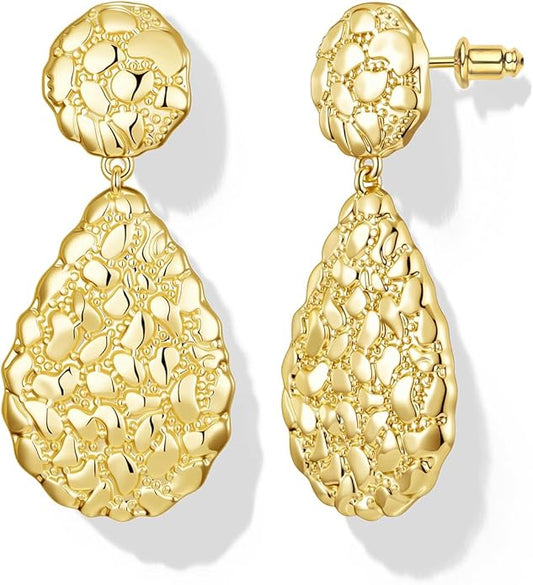 Hefanny Large Hammered Teardrop Dangle Earrings Geometric Chunky Flower Earrings Women's Trendy Statement Jewelry Multiple Styles