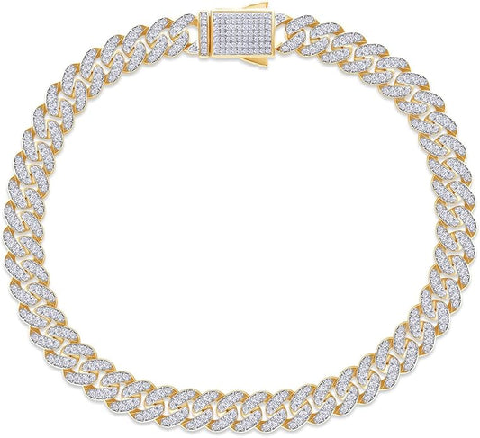 SAVEARTH DIAMONDS Round Lab Created Moissanite 6MM Width Cuban Chain Bracelet For Men In 14k Gold Plated 925 Sterling Silver (VVS1 Clarity, 2.70 Ct-3.00 Ct), Gift For Him