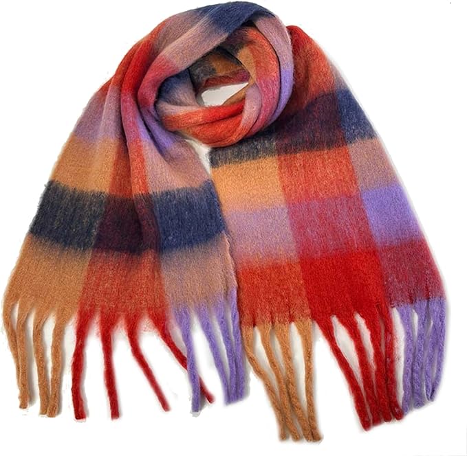 SHOHOKU Large Chunky Plaid Scarf Coloured Checked Oversized Scarf Tassel Soft Fall Winter Thick Warm Shawl Women