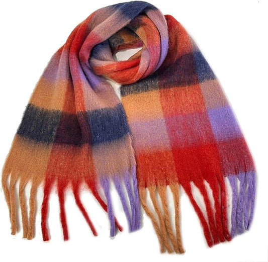 SHOHOKU Large Chunky Plaid Scarf Coloured Checked Oversized Scarf Tassel Soft Fall Winter Thick Warm Shawl Women