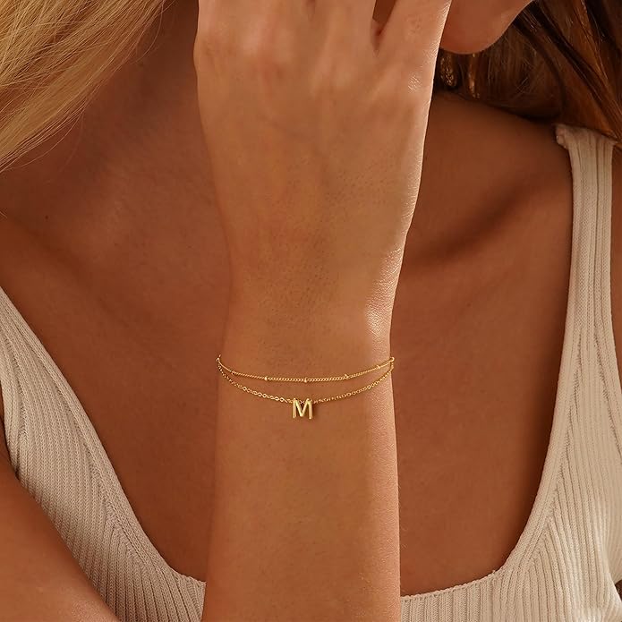 Turandoss Gold Initial Bracelets for Women, Dainty 18K Real Gold Plated Layered Letter A-Z Initial Bracelets Personalized 26 Alphabet Monogram Gold Bracelets for Women Jewelry Gifts Trendy