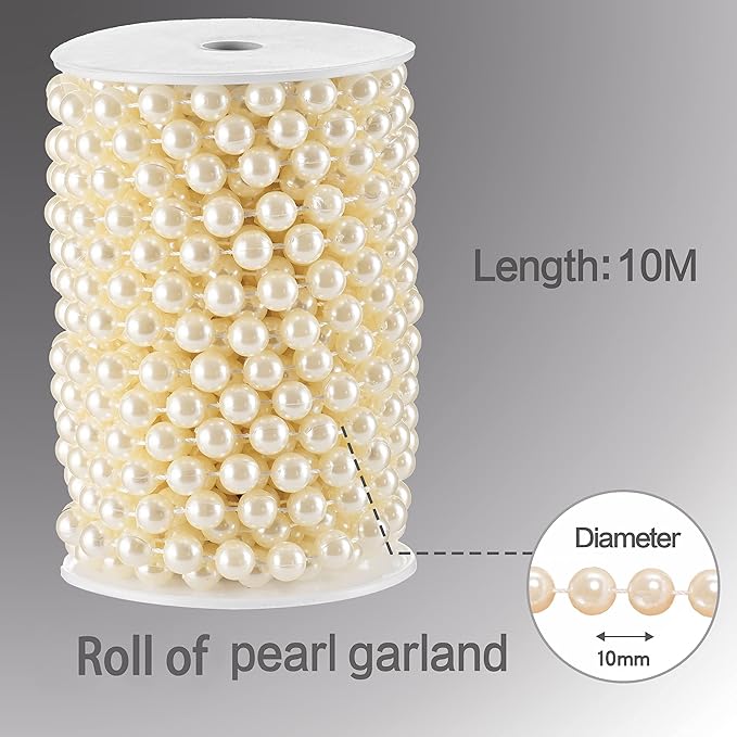 ZJJZGYXINTAI Craft String Pearls 10MM Round White Faux Pearl Garland, 33Feet Ivory Wedding Party Decoration, Christmas Tree Decorations