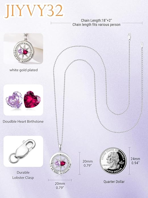Compass Birthstones Necklace for Women, Exquisite Anniversary Birthday Gifts for Wife Her Double Birthstone Pendant jewelry ‘I'd be Lost Without You’