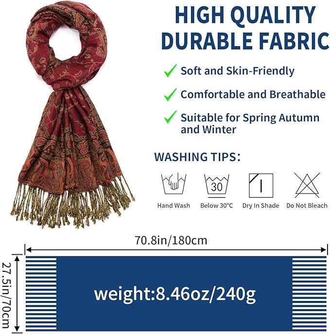 QIUTIMIY Paisley Pashmina Shawl Wrap Women Reversible Vintage Jacquard Pashmina Rave Scarf with Fringe for Evening, Wedding