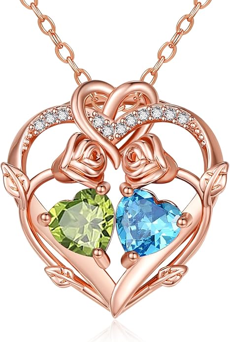 Rose Gold Necklaces for Women Double Birthstone Rose Flower Heart Pendant Necklace Jewelry Anniversary Christmas Valentine's Mother's Day Birthday Gift for Wife Mom Her Girlfriend Sister