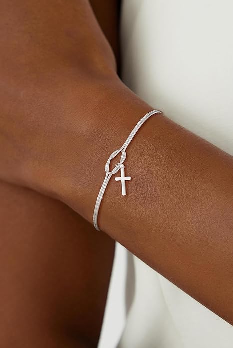 Moodear Christmas Gifts Sotcking Stuffers, Dainty 925 Sterling Silver/14k Gold Plated CZ Cross Bracelet Layered Snake Pearl Chain Knot Bracelets for Women Trendy Religious Christian Jewelry