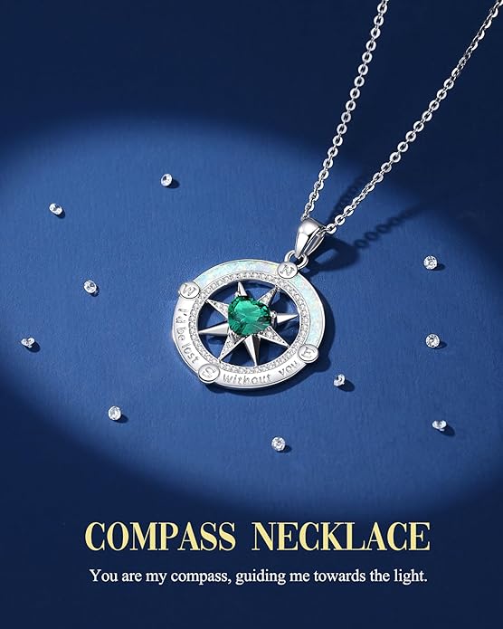 FANCIME Compass Necklace for Women Sterling Silver Compass Jewelry Opal Pendant Fine Jewelry Gemstone Birthday Mother's Day Gifts for Wife