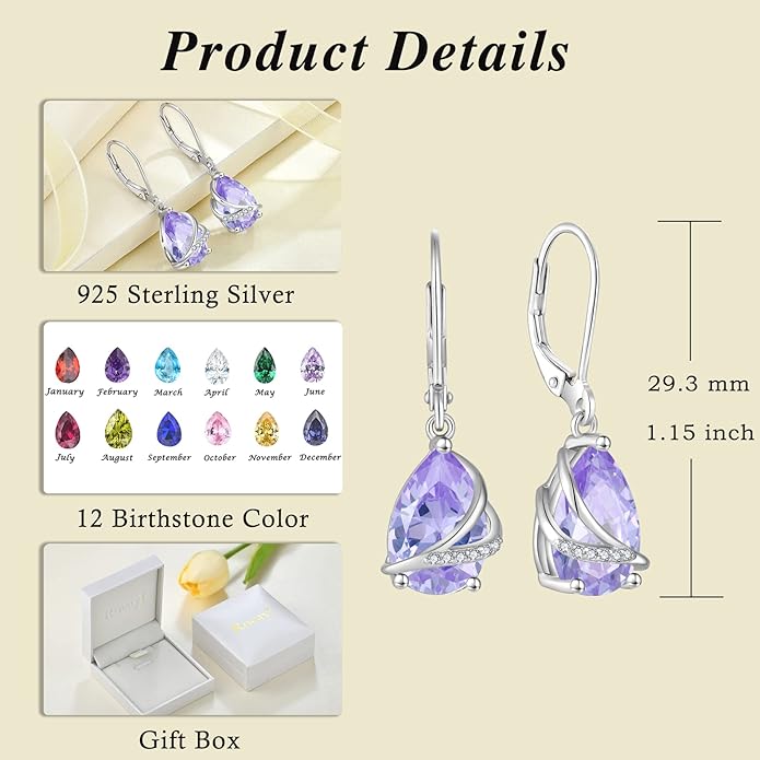 Birthstone Dangle Drop Earrings for Women 925 Sterling Silver Teardrop Leverback Earrings Jewelry Gifts for Wife Mother Her