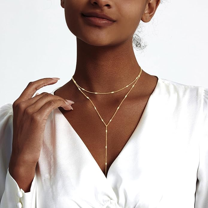Zeffy Lariat Gold Necklace for Women, Dainty Long Necklace 14k Gold/Silver Plated Layered CZ Beaded Bar Chain Y-Shaped Body Chain Stack Drop Wedding Necklace Trendy Simple Gold Jewelry Gifts