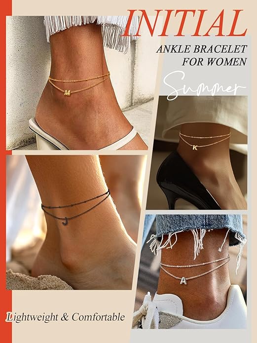 FaithHeart Initial Ankle Bracelets for Women, Waterproof 14k Gold Plated Initial Anklets Non Tarnish Stainless Steel Layered Anklet Summer Beach Foot Jewelry