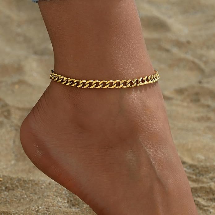 Dainty Ankle Bracelets for Women 18K Gold Plated Satellite Beaded Herringbone Chain Anklets Simple Lip Chain Anklet Minimalist Summer Beach Foot Jewelry Christmas