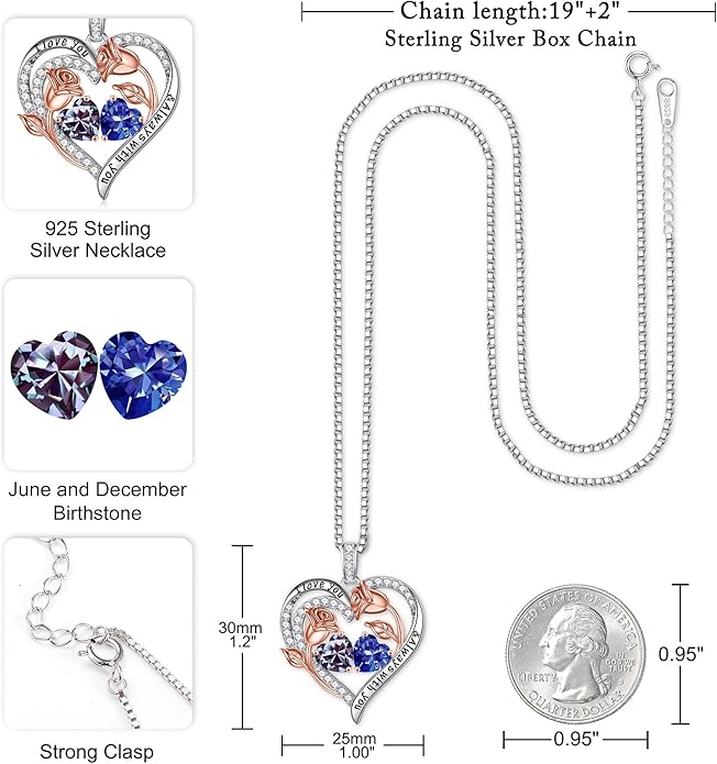 Iefil Birthstone Necklace for Women - 925 Sterling Silver Rose Heart Birthstone Necklace Birthday Anniversary Jewelry Gifts for Her Wife Mom Daughter