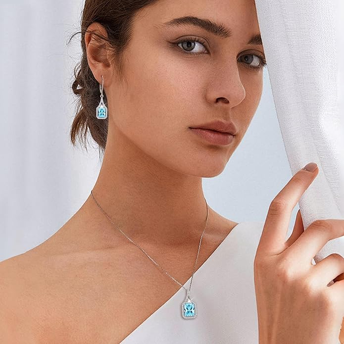 Emerald Cut Dangle Drop Earrings 925 Sterling Silver Halo Rectangular Leverback Earrings Birthstone Jewelry for Women