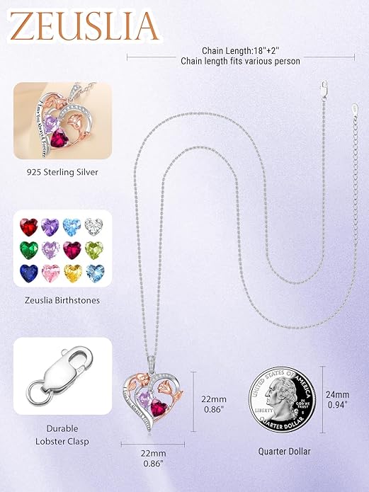 Zeuslia Double Birthstone Necklace Gifts for Wife - 925 Sterling Silver Sunflower/Rose/Crown Cross/Compass/Heart Pendant I Love You Necklace, Anniversary Birthday Gifts for Wife Girlfriend Mom Her