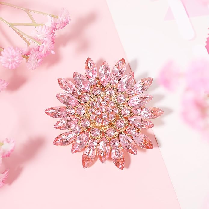 Flower Brooches For Women Rhinestone Sunflower Brooch Pin Red Pink Flower Brooch Marquise Wreath Brooches Elegant Accessories Jewelry Gifts For Women Girls Skirt Dress Hat Decoration