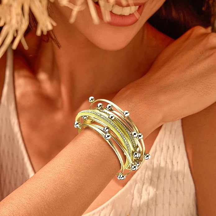 ENGCKSHI Wrapped Bracelets for Women,Leather Bracelet,Boho Bracelets for Women,Multi-Layer Pearl Crystal Bracelet Bangle Jewelry
