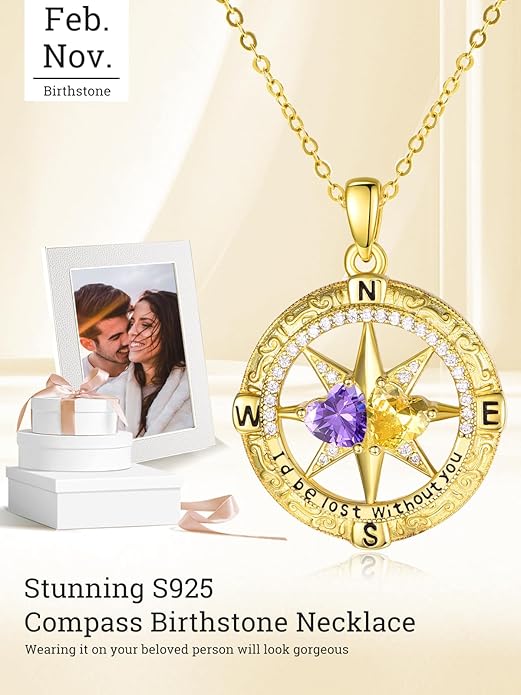 Zeuslia Double Birthstone Necklace Gifts for Wife - 925 Sterling Silver Sunflower/Rose/Crown Cross/Compass/Heart Pendant I Love You Necklace, Anniversary Birthday Gifts for Wife Girlfriend Mom Her