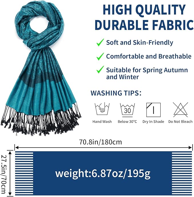 QIUTIMIY Paisley Pashmina Shawl Wrap Women Reversible Vintage Jacquard Pashmina Rave Scarf with Fringe for Evening, Wedding