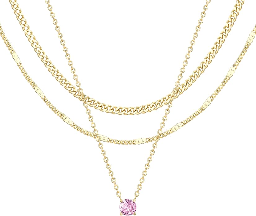 WomenGifts Layered Gold Necklaces for Women, 14K Gold Sterling Silver Plated Dainty Pendant Necklace Set with Cubic Zirconia Circle, Chunky Stackable Cuban Chain Choker, Trendy Personalized Birthstone Jewelry Gift Non Tarnish