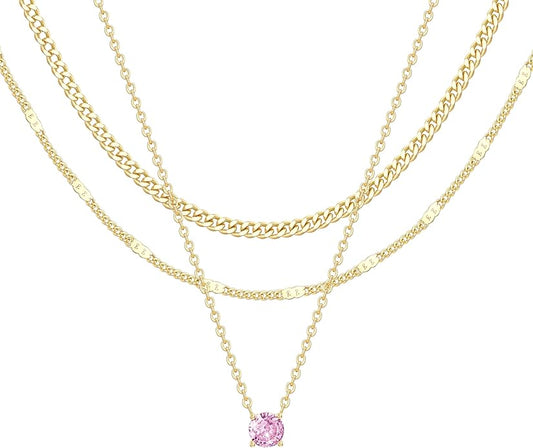 WomenGifts Layered Gold Necklaces for Women, 14K Gold Sterling Silver Plated Dainty Pendant Necklace Set with Cubic Zirconia Circle, Chunky Stackable Cuban Chain Choker, Trendy Personalized Birthstone Jewelry Gift Non Tarnish