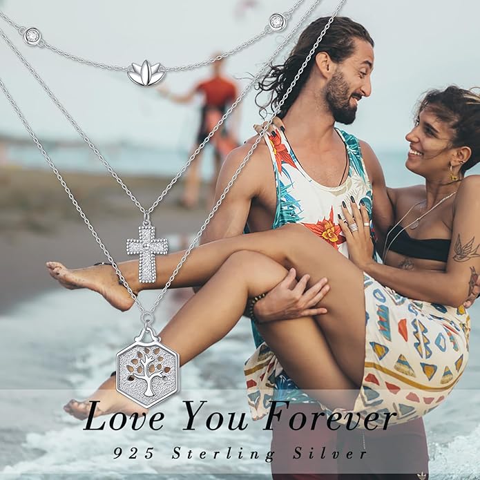 Layered Necklaces for Women 925 Sterling Silver Cross Triple Long Chain Pendant Necklace Lotus Tree of Life Pendant Necklace for Women Jewelry