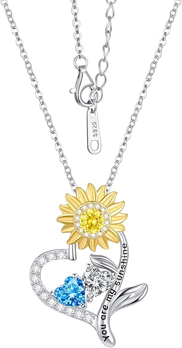 PERJI Valentine's Day Gifts for Women - 925 Sterling Silver Double Birthstone Sunflower Necklace, Anniversary Birthday Jewelry You are My Sunshine Gifts for Wife Couple Girlfriend 18"+2" Non Tarnish