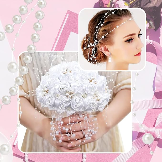 Towenm 99 Feet Fishing Line Artifical Pearl Strings for Crafting, Faux Pearl Garland Strands for Floating Candle Vases Filler Wedding Centerpiece Bouquet Christmas Tree Party Decoration, Ivory