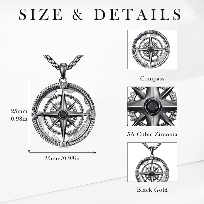 Go in the Direction of Your Dream Compass Necklace for Men 925 Sterling Silver Nautical Jewelry Inspiration Friendship Graduation Retirement Farewell Goodbye Gifts for Him (Adjustable Chain 22"+2")