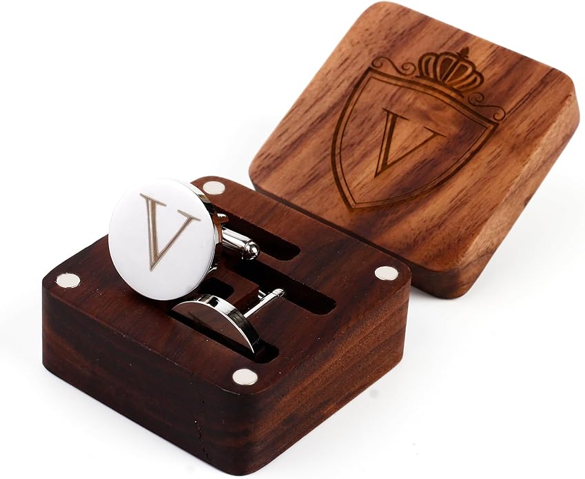 Mens Initial Silver Cufflinks A-Z Alphabet Letter Steel Cuff Links with Engraved Walnut Wood Box Groom Groomsman Wedding Set…