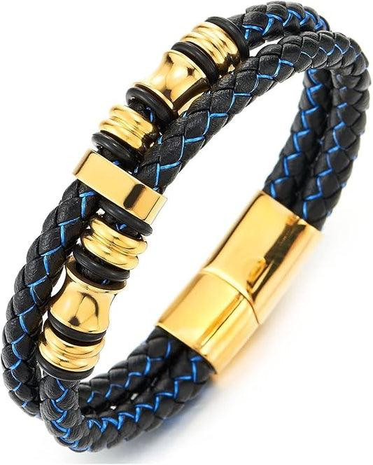COOLSTEELANDBEYOND Mens Double-Row Braided Leather Bracelet Bangle Wristband with Stainless Steel Ornaments