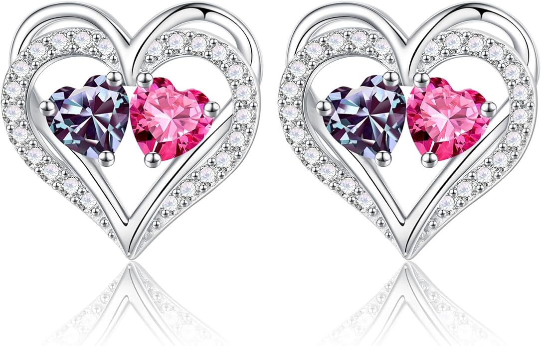 Iefil Birthstone Earrings for Women - 925 Sterling Silver Heart Earrings Anniversary Birthday Gifts for Women Wife Girlfriend Mom