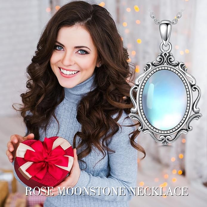PELOVNY Rose Necklace 925 Sterling Silver Moonstone Turquoise Obsidian Necklace Victorian Cameo Rose Vintage Western Jewelry Christmas Valentines Day Gifts for Women