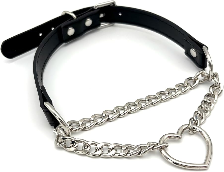 Black Leather Choker Collar For Women, Handmade Heart Slip Chain Choker Long Necklace with Adjustable Buckle