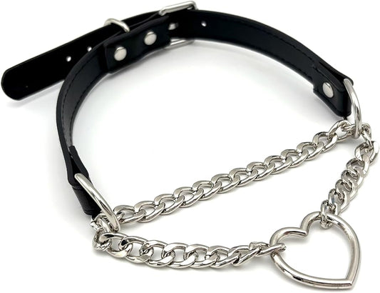 Black Leather Choker Collar For Women, Handmade Heart Slip Chain Choker Long Necklace with Adjustable Buckle