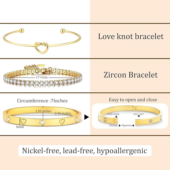 FAFUGA 18 K Gold Plated Love Bangle Bracelet Stack Cuff Jewelry for Women Jewelry Set for Women Gift with Box