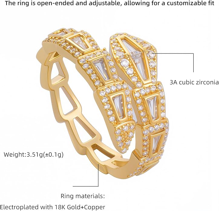 Aura & lrena Adjustable Snake Rings for Wome, 18K Gold or Platinum Plating Open-Ended Ring with AAA Cubic Zirconia Fashion Jewelry, Statement Gift Design Rings for Men and Women Non Tarnish