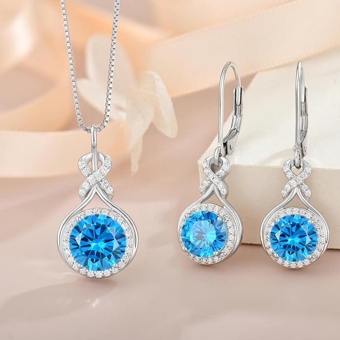 Aquamarine Infinity Jewlery Set for Women, 925 Sterling Silver Necklaces and Earrings Halo March Birthstone Jewelry Gift for Birthday Anniversary