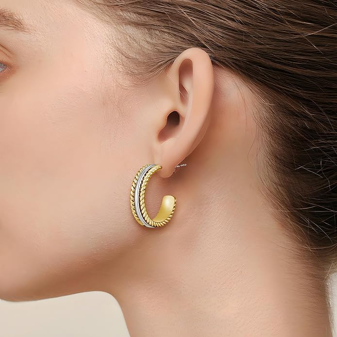 Twisted Cable Hoop Earrings Two Toned Earrings for Women Open C Hoops Chic Mixed Metal Jewelry
