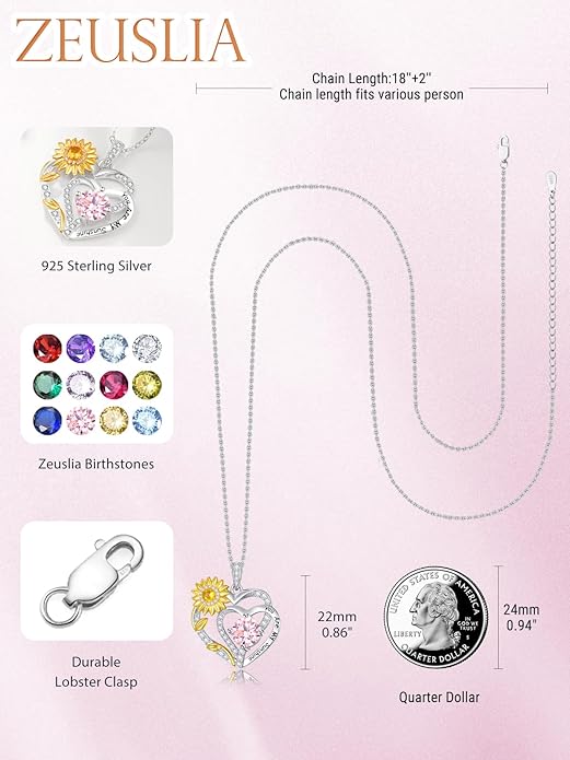 Zeuslia Double Birthstone Necklace Gifts for Wife - 925 Sterling Silver Sunflower/Rose/Crown Cross/Compass/Heart Pendant I Love You Necklace, Anniversary Birthday Gifts for Wife Girlfriend Mom Her
