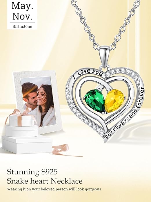 Zeuslia Double Birthstone Necklace Gifts for Wife - 925 Sterling Silver Sunflower/Rose/Crown Cross/Compass/Heart Pendant I Love You Necklace, Anniversary Birthday Gifts for Wife Girlfriend Mom Her
